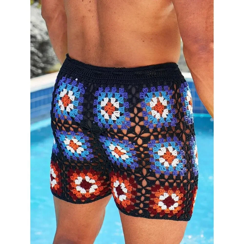 NEW Shein Manfinity RSRT Mens Floral Crochet Drawstring Waist Shorts Black Small